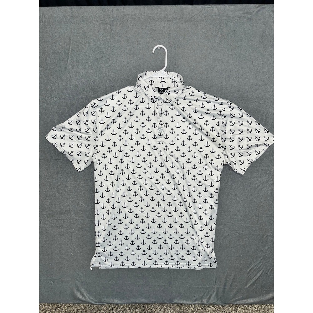 Golf Gentry Mens Anchor Print Performance Polo Shirt White Navy Blue Large